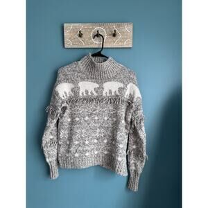 The Loft Cozy Wool Blend Gray Mock Sweater with Bearsand Fringe